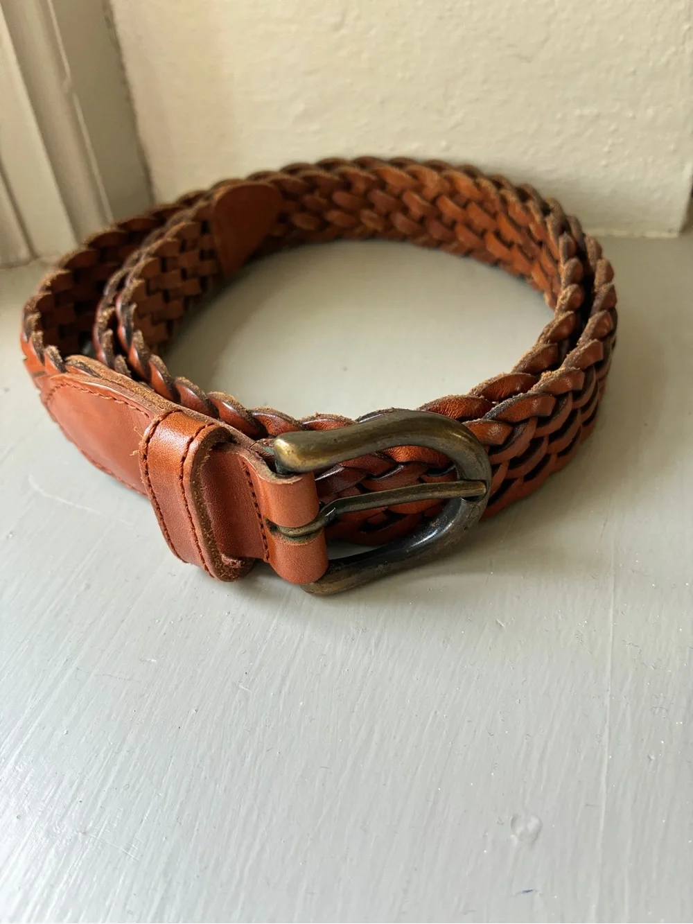 Turkish Collection Brown Braided Genuine Leather Belt Womens Sz L Brass Buckle